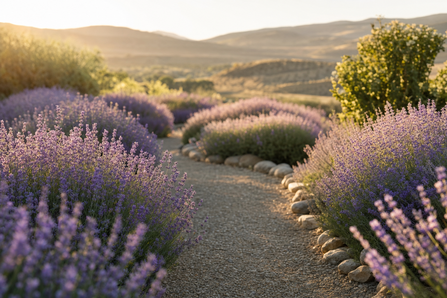 A peaceful gravel path lined with blooming lavender in the golden light of the Tri-Cities hills