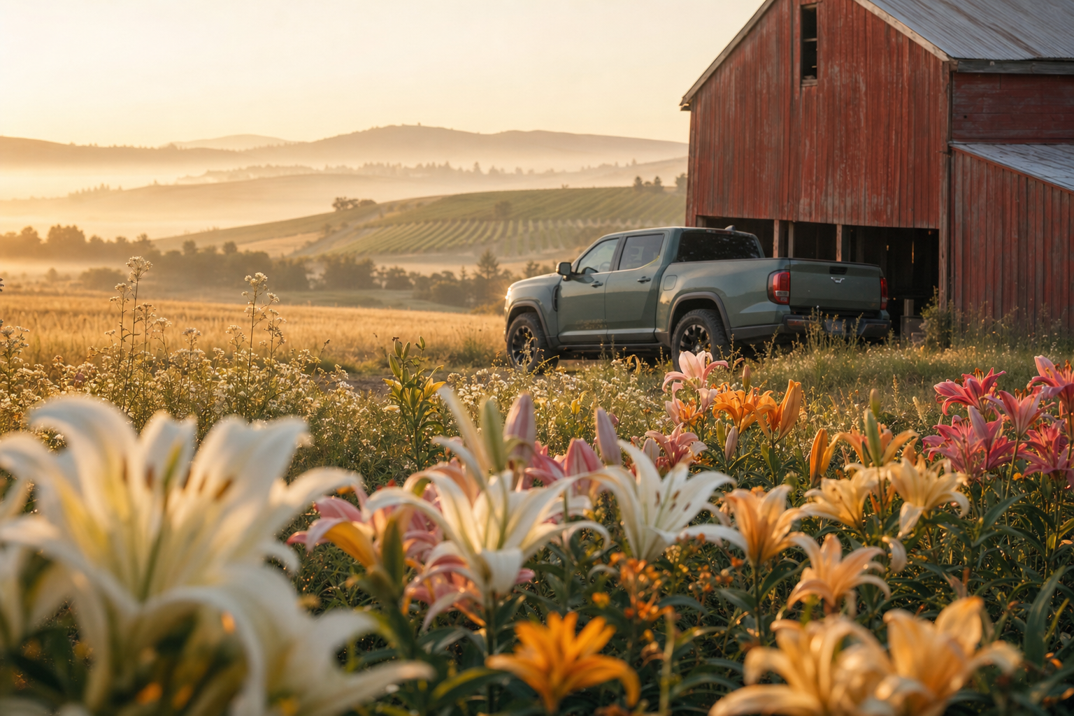 A red barn with a pickup truck and a field of blooming lilies in the soft morning light of Walla Walla, Washington